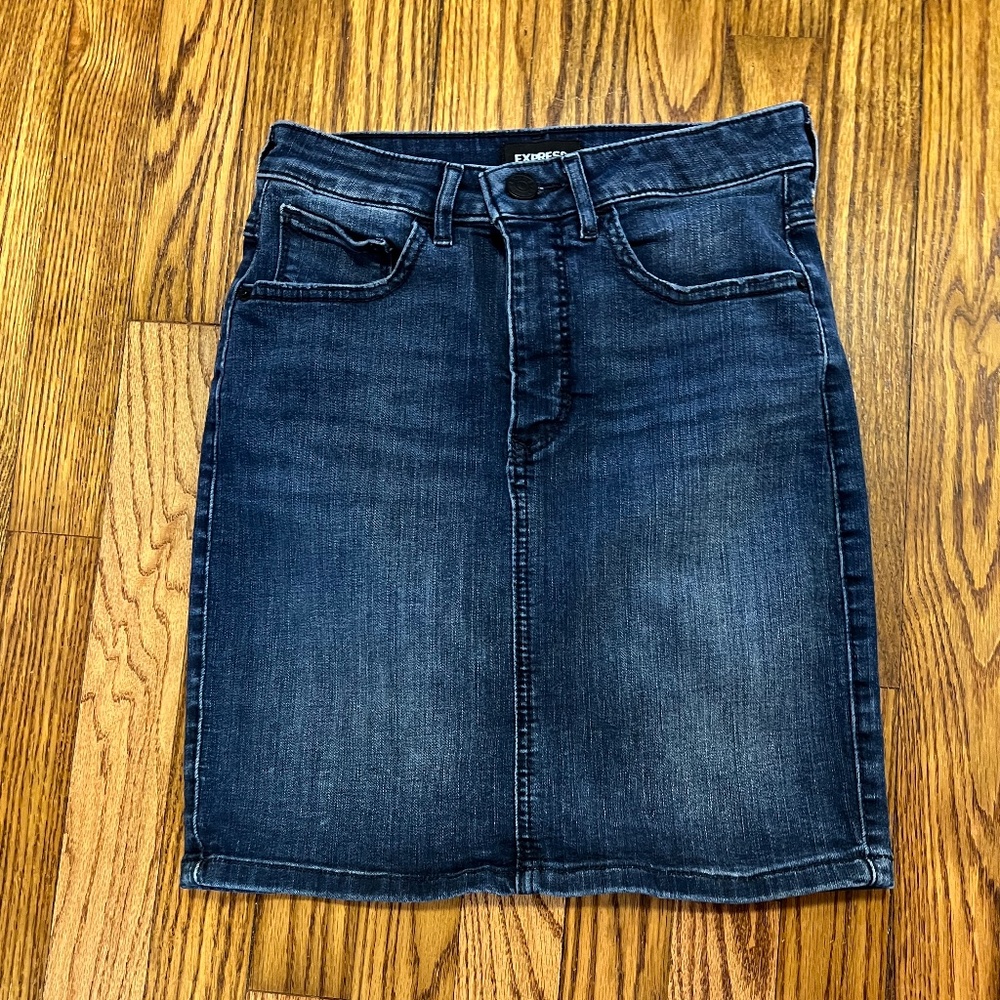 Express Dark Denim Perfect Stretch+ High Rise Mini Pencil Skirt 0